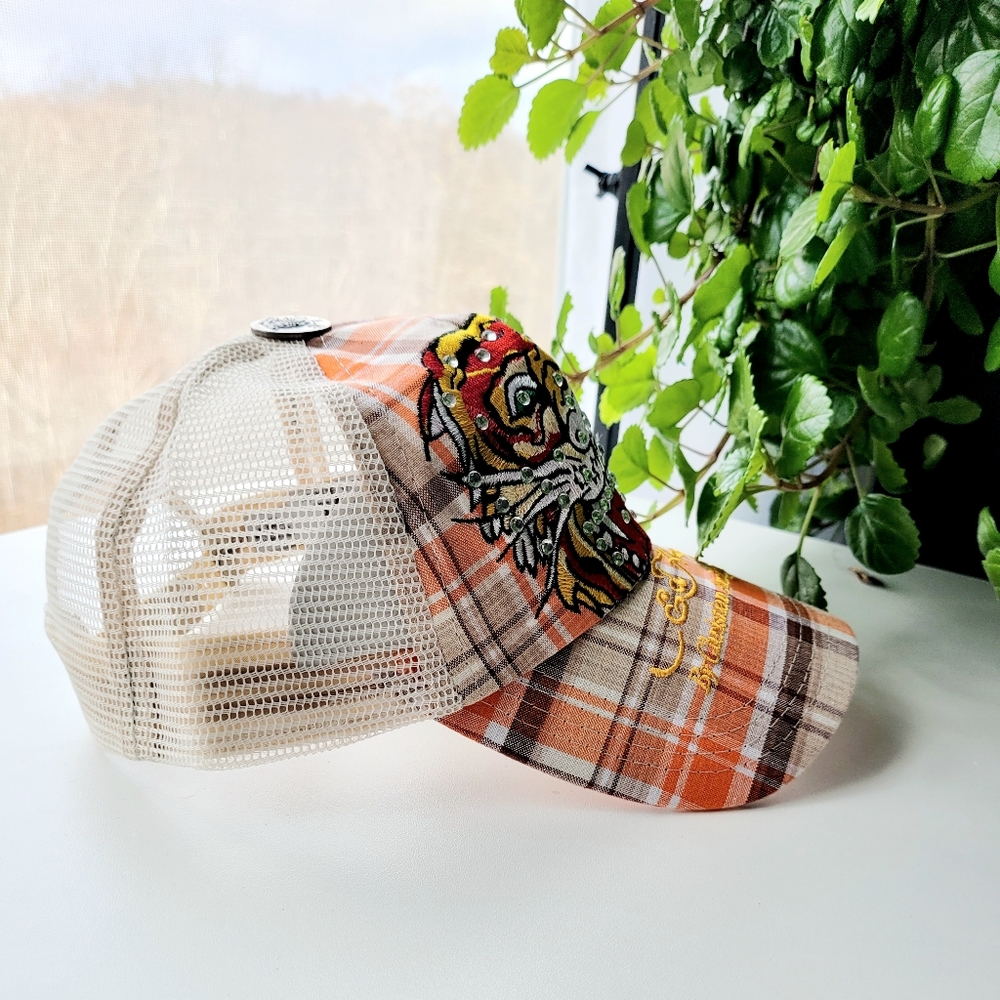 Rare find trucker hat featuring an Ed Hardy tiger rhinestone tattoo graphic